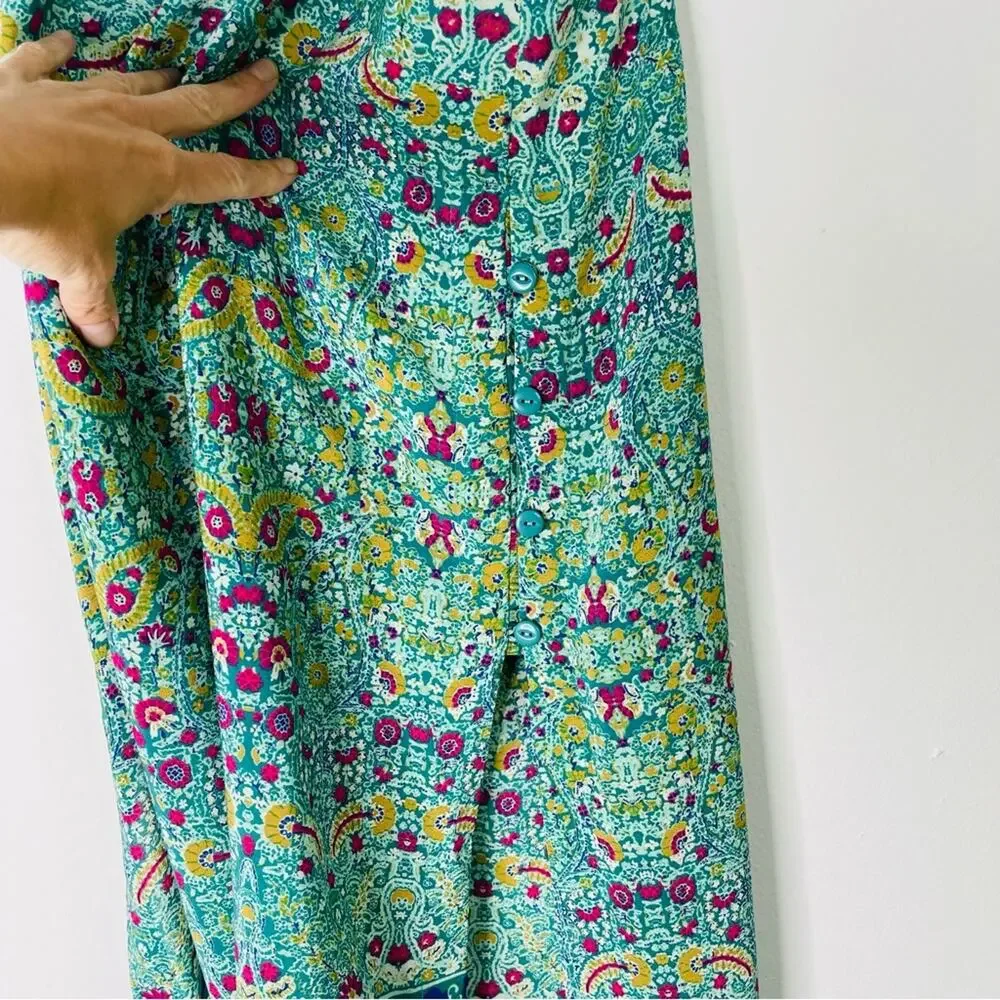 Anthropologie Maeve green pink silk floral boho strappy button tunic top 6 - Picture 4 of 11